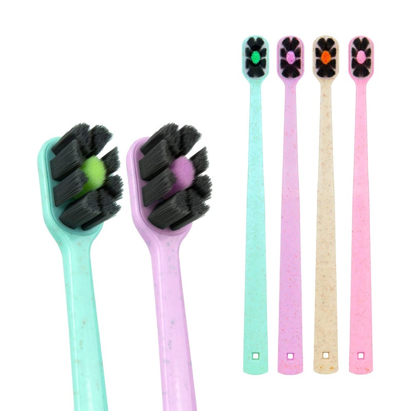 Lindo EcoCare Polishing Toothbrush Charcoal Infused Bristles Biodegradable Handle for Sensitive Gums and Teeth 12000 Ultra Fine Charcoal Infused Bristles Soft and Gentle Pack of 4 Pink - Image 1